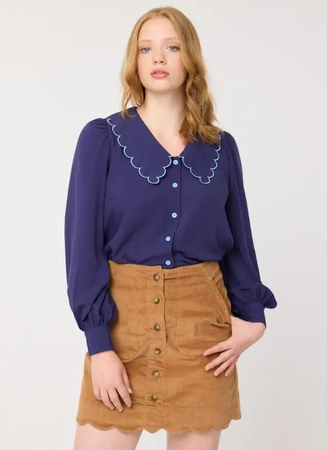 Joanie Clothing Sarah Scallop Hem A-Line Corduroy Mini Skirt - Brown