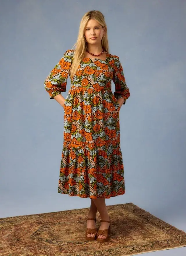 Joanie Clothing Candi Vintage Floral Print Square Neck Midi Dress