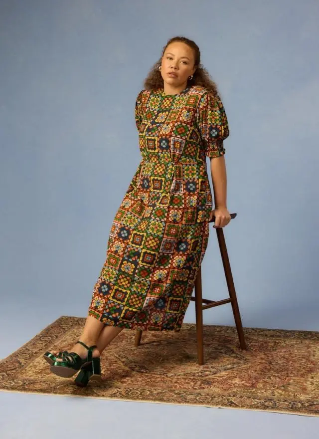 Joanie Clothing Flora Granny Square Print Puff Sleeve Midaxi Dress