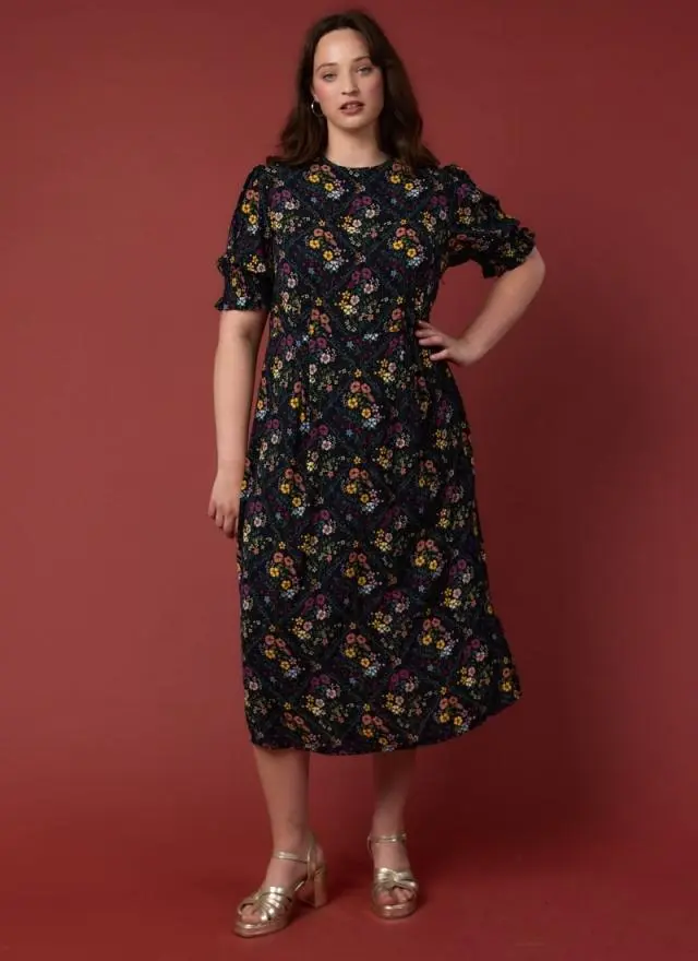 Joanie Clothing Flora Patchwork Floral Print Puff Sleeve Midaxi Dress