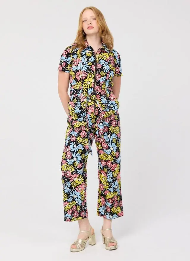 Joanie Clothing Mork Polka Dot Daisy Print Short Sleeve Boilersuit