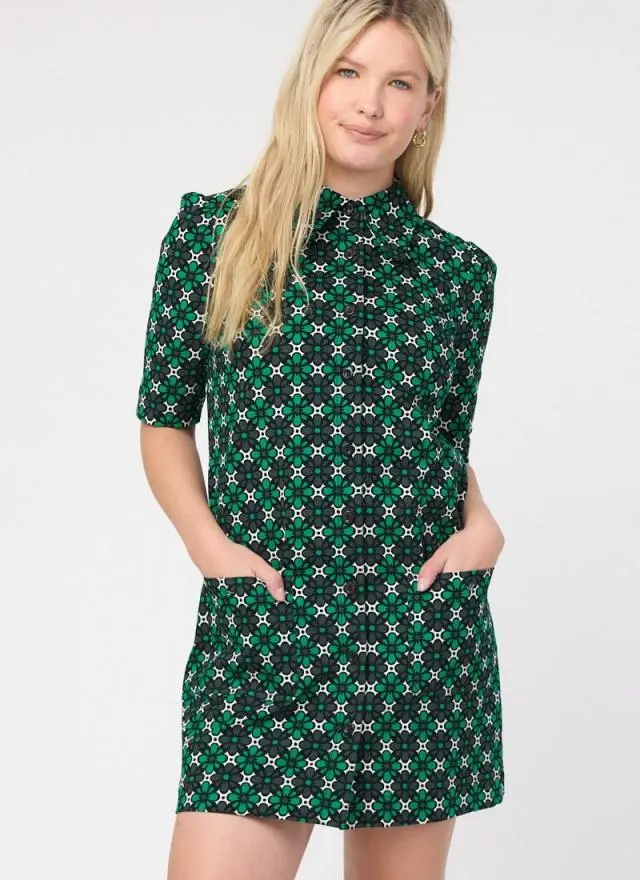 Joanie Clothing Anderson Green Geometric Print A-Line Shift Dress