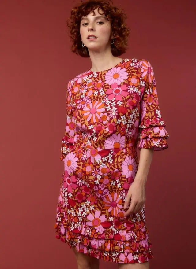 Joanie Clothing Katy Deckchair Floral Print Ruffle Sleeve Mini Dress