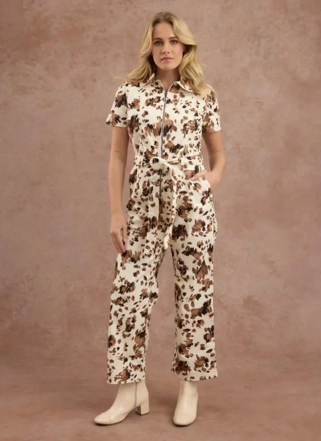 Joanie Clothing Mork Cow Print Short Sleeve Boilersuit 