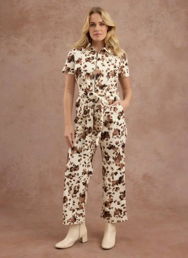 Joanie Clothing Mork Cow Print Short Sleeve Boilersuit