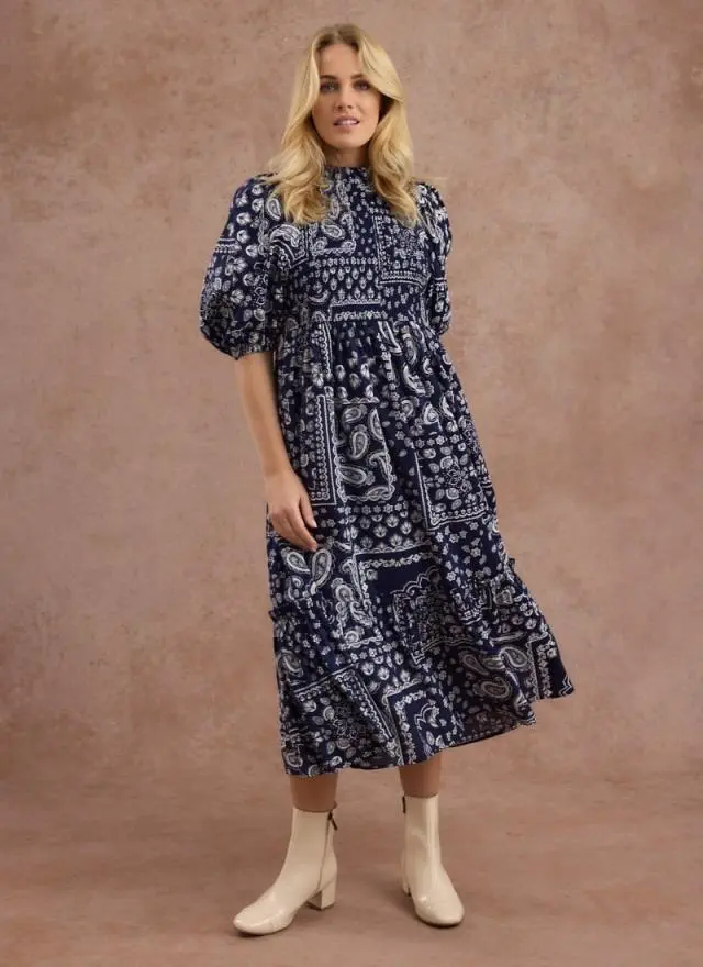 Joanie Clothing Priya Bandanna Print Puff Sleeve Midi Dress