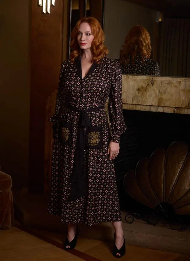 Joanie Clothing Christina Hendricks X Joanie  - Vetiver Foulard Print Smoking Jacket Midi Dress