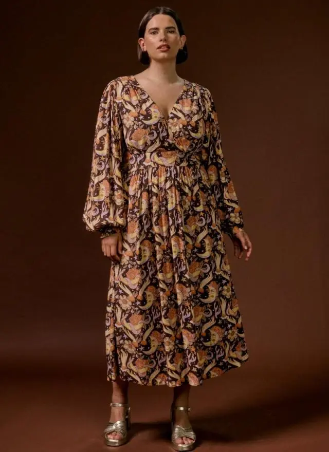 Joanie Clothing Tori Mystical Moon Print Balloon Sleeve Midaxi Dress