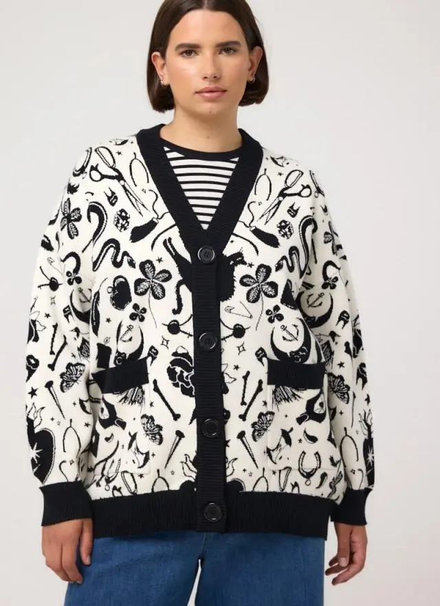 Joanie Clothing Cosmo Macabre Intarsia Oversized Knitted Cardigan