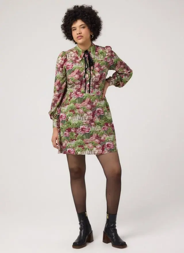 Joanie Clothing Paulina Gothic Manor House Print Tie Neck Mini Dress