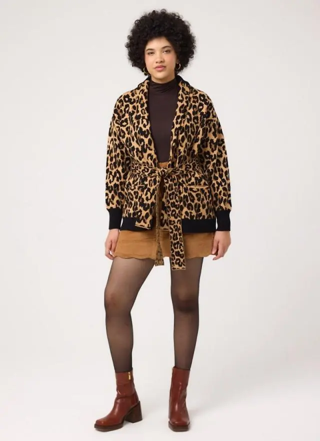 Joanie Clothing Starsky Leopard Intarsia Belted Grandad Cardigan