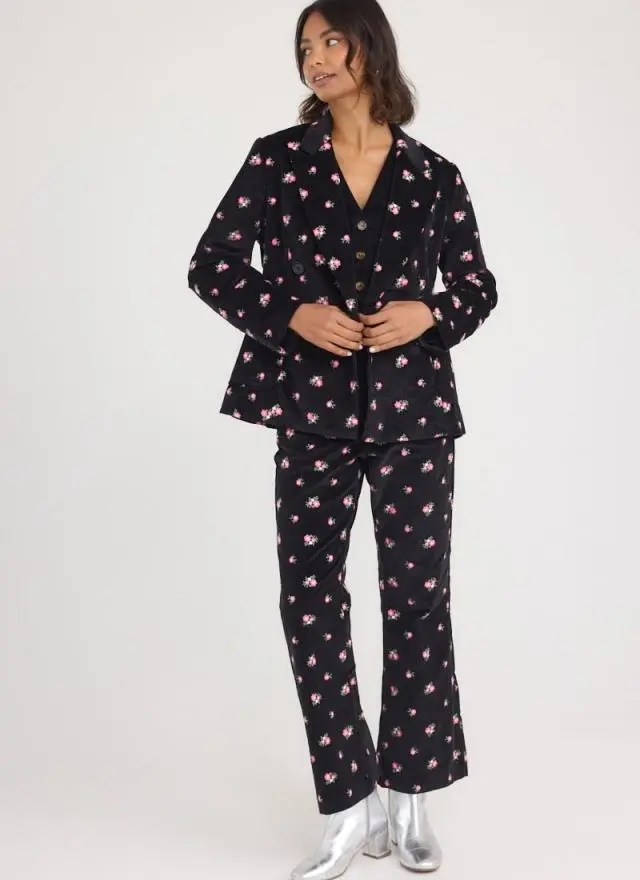 Joanie Clothing Richmond Floral Embroidered Flared Corduroy Trousers