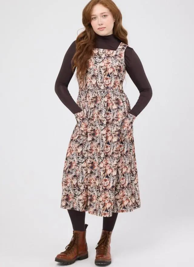 Joanie Clothing Aiken Cat Tapestry Print Needlecord Pinafore Dress