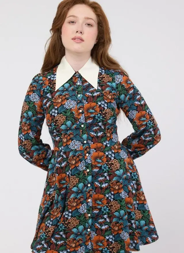Joanie Clothing Jenna Dark Floral Print Dagger Collar Mini Dress