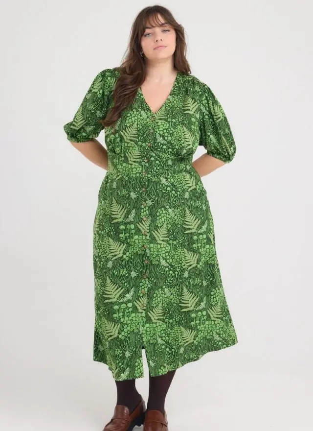 Joanie Clothing Rebecca Leafy Forest Print Puff Sleeve Midi Dress