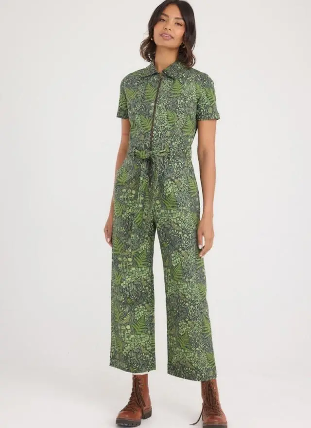 Joanie Clothing Mork Leafy Forest Print Short Sleeve Boilersuit