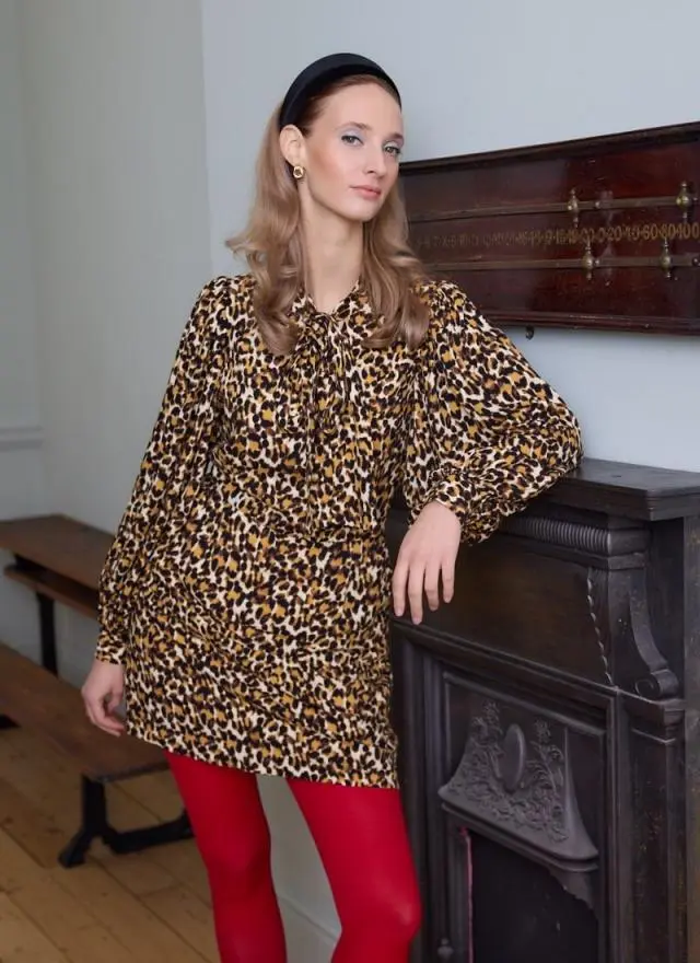 Joanie Clothing Nolly Leopard Print Pussy Bow Mini Dress