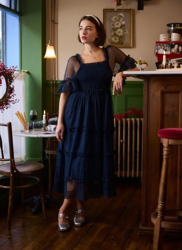 Joanie Clothing Jemima Square Neck Polka Dot Mesh Dress 