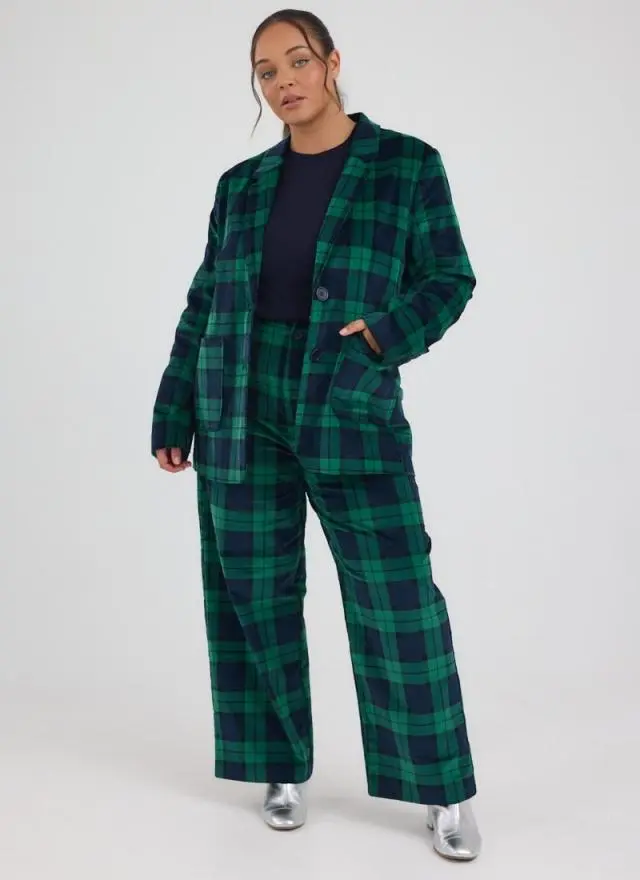Joanie Clothing Pip Check Print Corduroy Wide Leg Trousers
