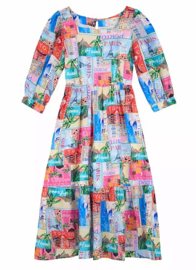 Candice Postcard Print Midi Dress 