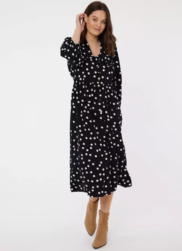 Bethan Polka Dot Print Oversized Collar Midi Dress 