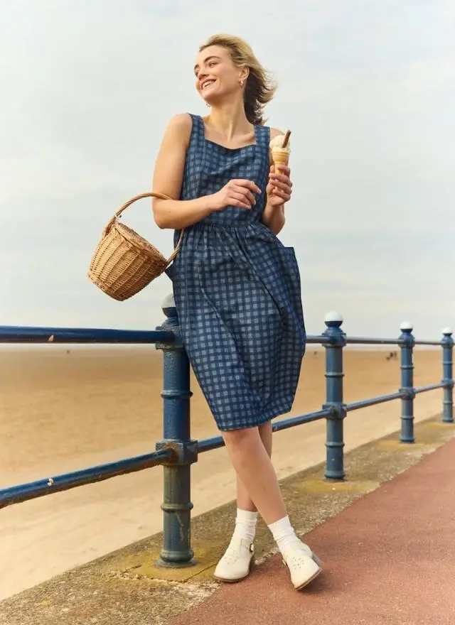 Joanie Clothing Maggie Square Neck Gingham Print Denim Sundress 