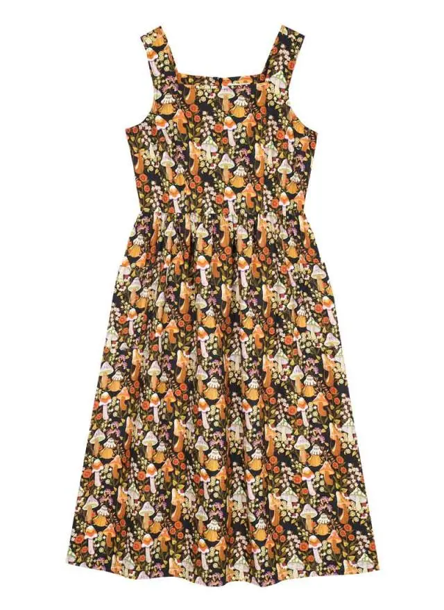 Joanie Clothing Aiken Mushroom Print Velvet Cord Pinafore Dress