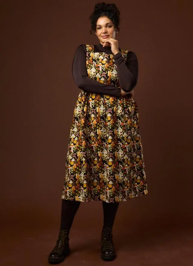 Joanie Clothing Aiken Mushroom Print Velvet Cord Pinafore Dress