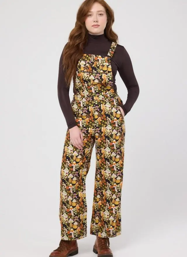 Joanie Clothing Leroy Mushroom Print Velvet Cord Dungarees