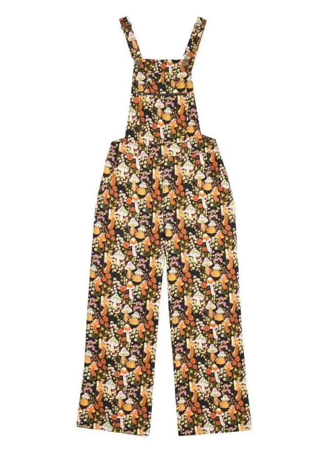 Joanie Clothing Leroy Mushroom Print Velvet Cord Dungarees