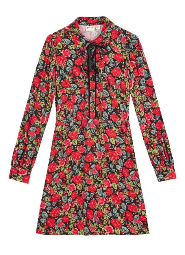 Joanie Clothing Paulina Antique Rose Print Tie Neck Mini Dress