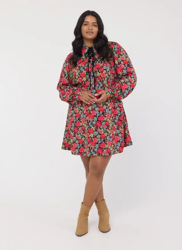 Joanie Clothing Paulina Antique Rose Print Tie Neck Mini Dress