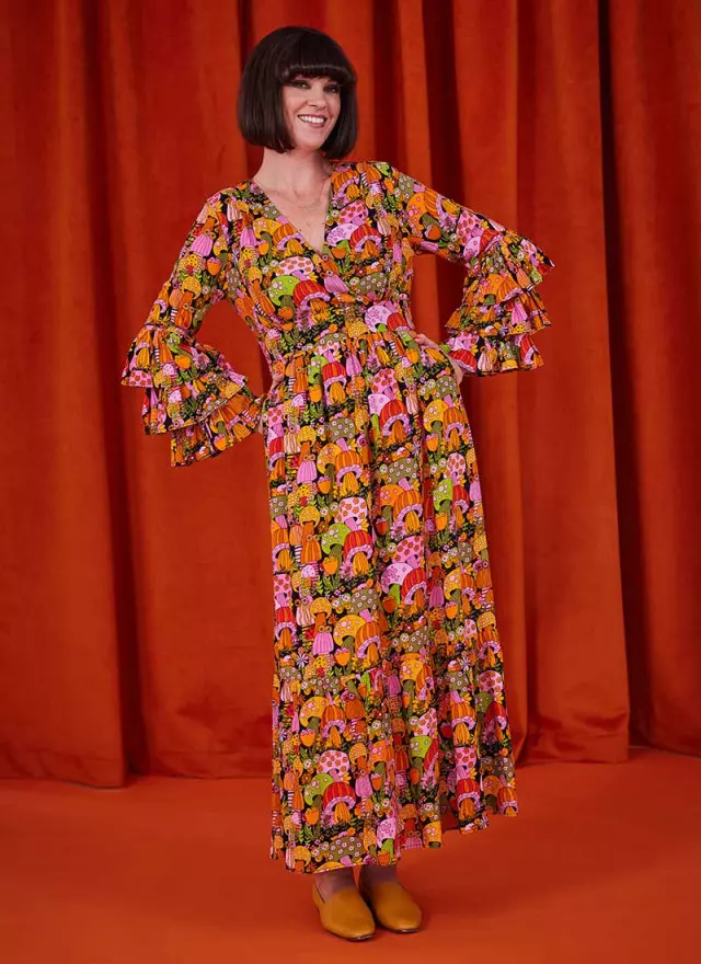 Dawn O’Porter X Joanie - Sangria Mushroom Print Ruffle Midaxi Dress
