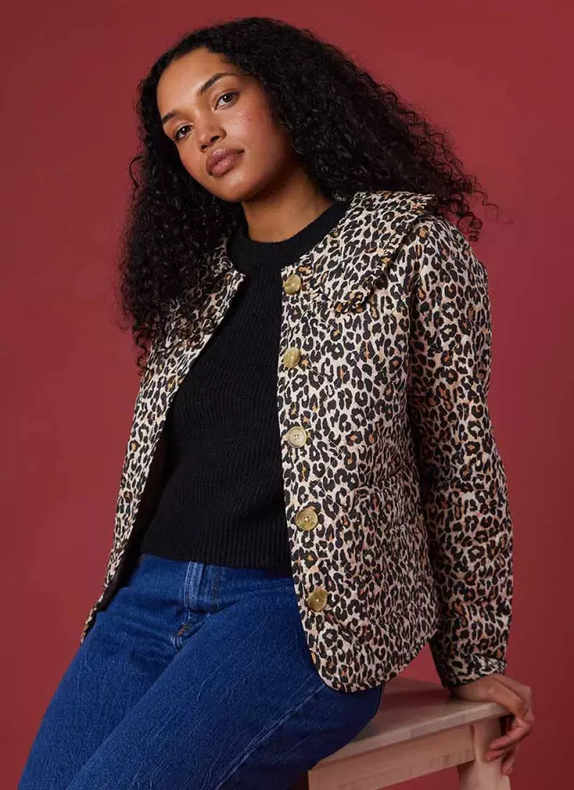 Pockets For Women Brooke Leopard Print Quilted Collared Jacket