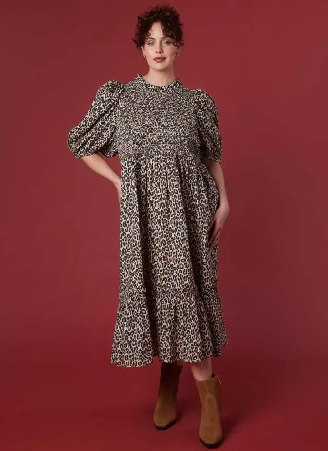 Priya Leopard Print Puff Sleeve Midi Dress