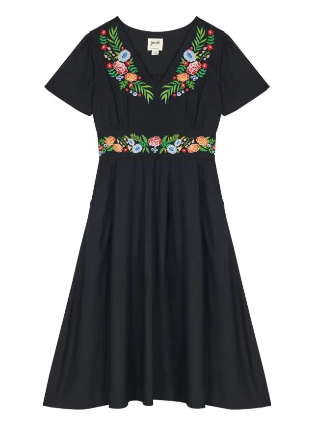 Joanie Clothing Wren Embroidered Floral Black Midi Dress 