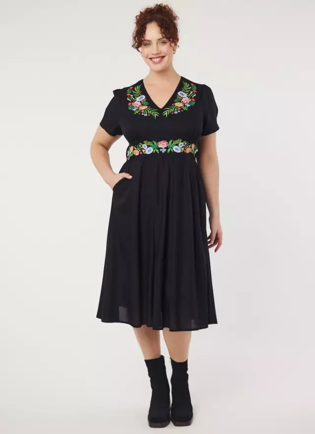 Wren Embroidered Floral Black Midi Dress