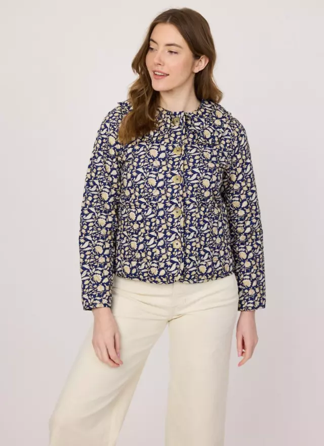 Brooke Navy Floral Print Quilted Collared Jacket