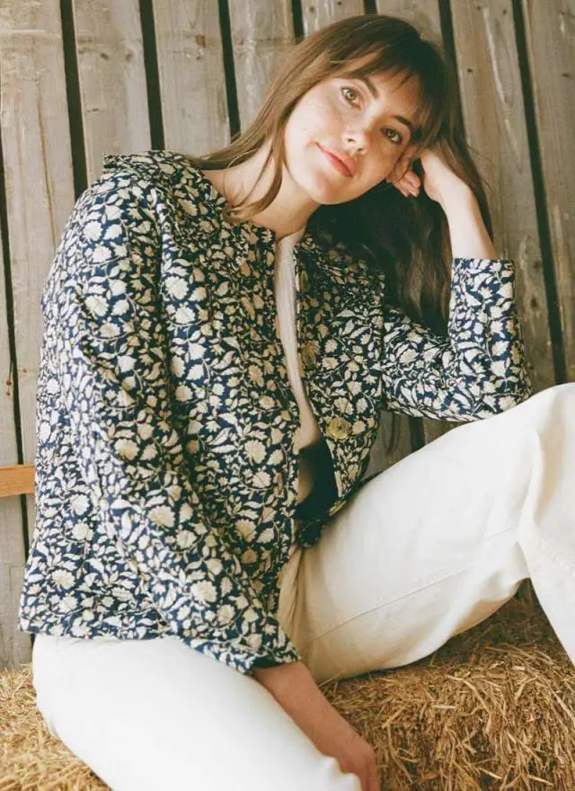 Joanie Clothing Brooke Navy Floral Print Quilted Collared Jacket 