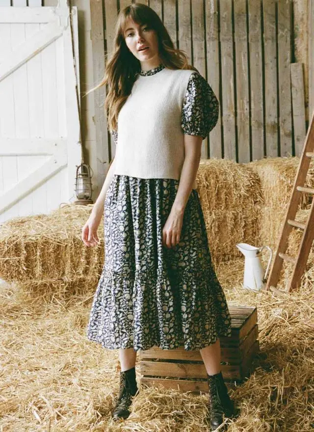 Joanie Clothing Priya Navy Floral Print Puff Sleeve Midi Dress 