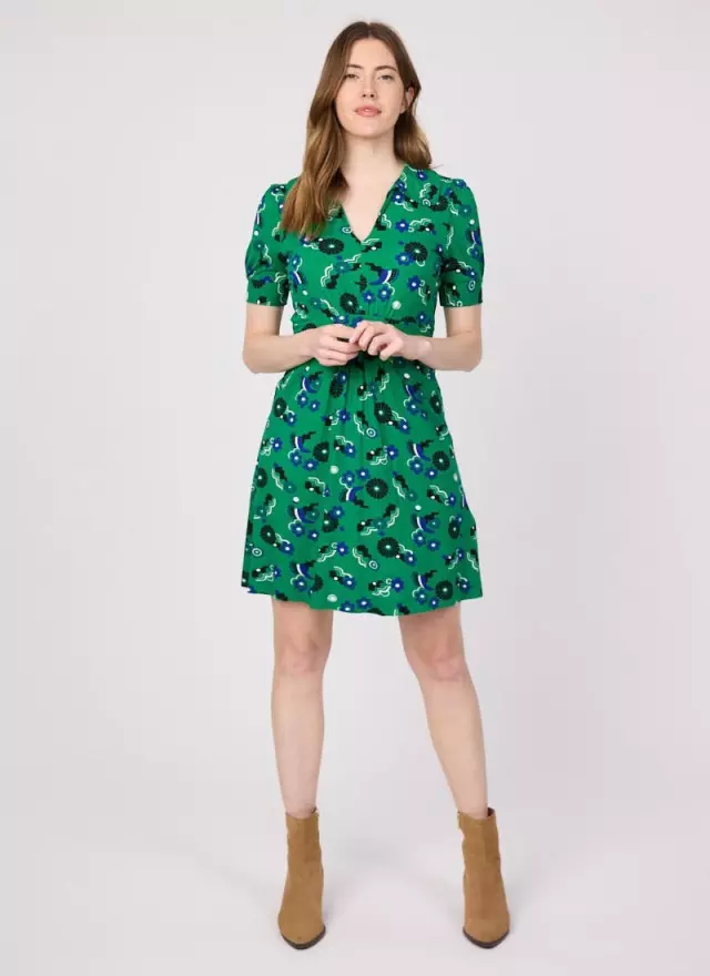 Olga Green Floral Print Jersey Tea Dress