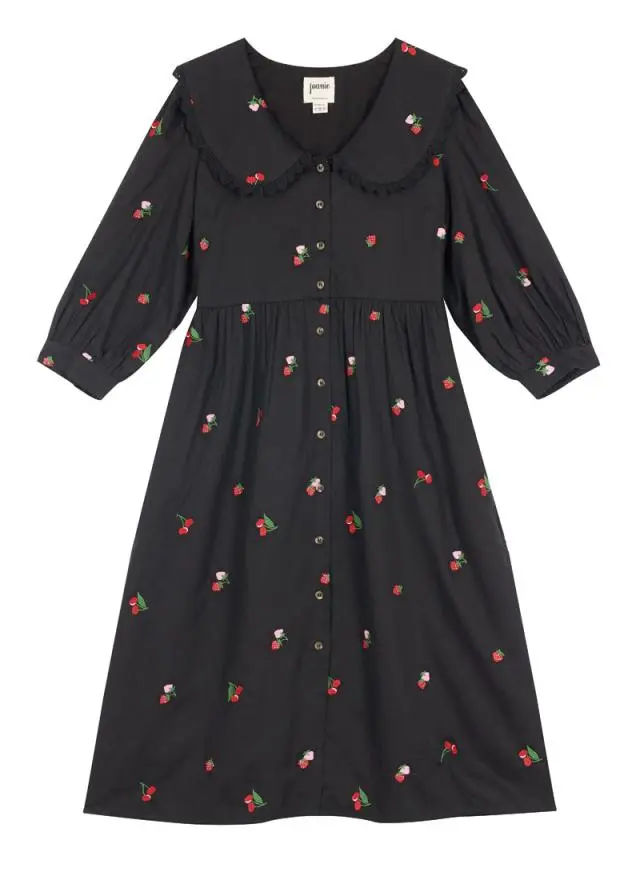 Joanie Clothing Rosanna Cherry Print Embroidered Peter Pan Collar Dress 