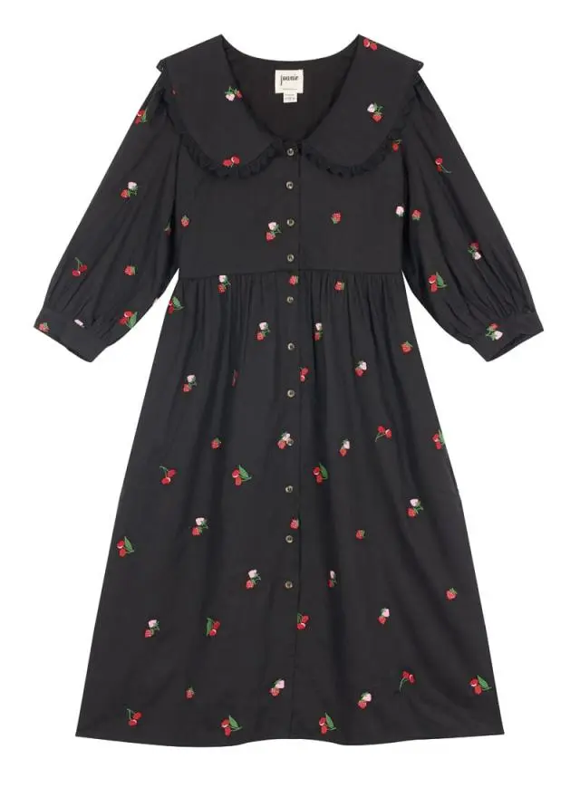 Joanie Clothing Rosanna Cherry Print Embroidered Peter Pan Collar Dress 