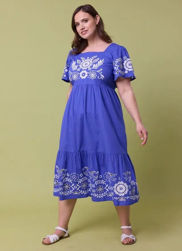 Joanie Clothing Alice Embroidered Square Neck Midi Dress 
