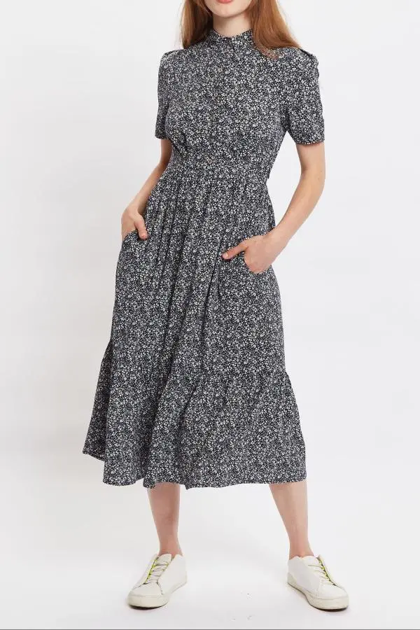 Colleen Micro Flower Print Short Sleeve Tie Midi Dress - Navy
