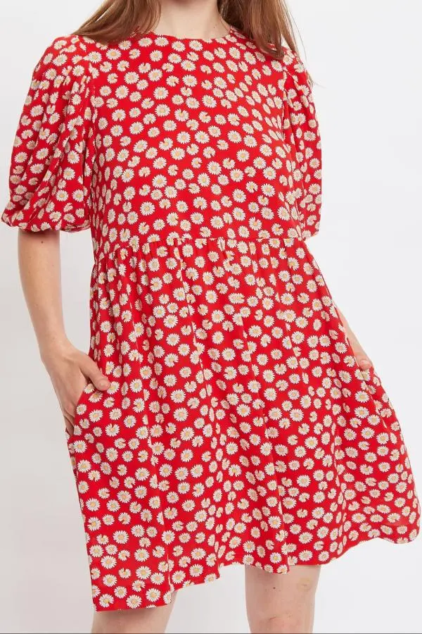 Louche Nacera Daisy Dancer Print Statement Sleeve Mini Dress - Red
