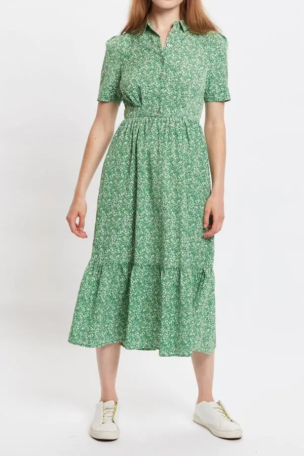Louche Colleen Micro Flower Print Short Sleeve Tie Midi Dress - Green