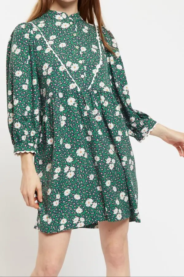 Louche Suzanne Roaring Daisy Print Long Sleeve Mini Dress - Green