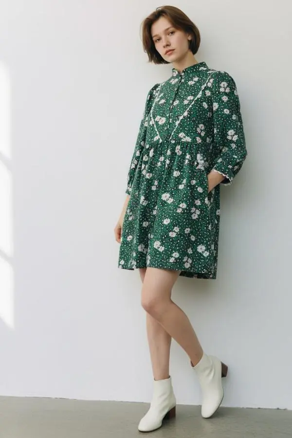 Louche Suzanne Roaring Daisy Print Long Sleeve Mini Dress - Green