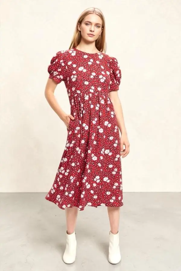 Louche Stasia Roaring Daisy Print V Back Puff Sleeve Midi Dress - Red